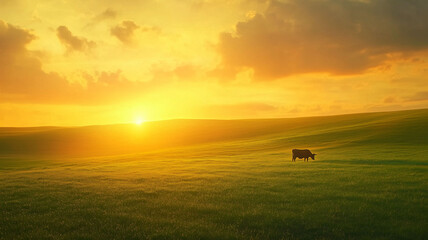 A Lone Cow Standing Gracefully in a Vast Green Pasture Under a Golden Sunset Capturing Pure Serenity (4)