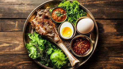 A Beautifully Arranged Passover Seder Plate with Shank Bone Lettuce Egg and Condiments on a Wooden Table (8)