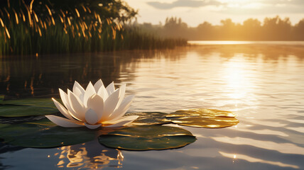 A Serene 3D Lotus Floating on a Calm Lake at Golden Hour with Warm Sunlight Reflections on the Water (3)