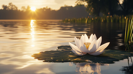 A Serene 3D Lotus Floating on a Calm Lake at Golden Hour with Warm Sunlight Reflections on the Water (2)