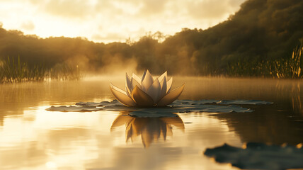 A Serene 3D Lotus Floating on a Calm Lake at Golden Hour with Warm Sunlight Reflections on the Water (6)