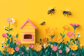 Colorful flowers and a bee house on a yellow background.