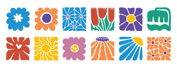 Fototapeta na wymiar hand drawn poster abstract flowers groovy retro style. floral square botanical icon. freehand naive bright 70s style 