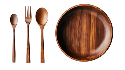 A set of minimalist wooden plate, bowl, fork, and spoon, isolated on a clean white background for modern dining compositions isolated on a transparent background