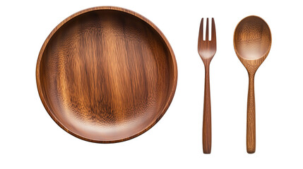 A set of minimalist wooden plate, bowl, fork, and spoon, showcasing simple elegance, isolated on a clean white background for kitchen or dining photography isolated on a transparent background