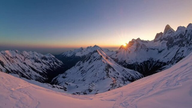 A stunning sunrise over the snow-capped peaks of the Swiss Alps, with sunlight illuminating the summits, filling the landscape with pastel tones, and the snow softly glowing