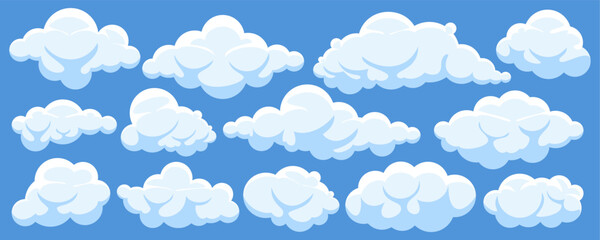 Collection of fluffy clouds illustrated in flat vector style against blue background, perfect for use in childrens books, educational materials, or web design. Ideal for creating weather eco icon.