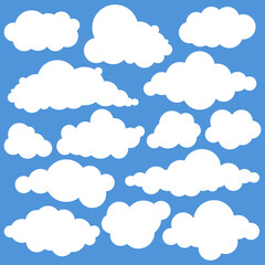 Collection white fluffy cartoon cloud illustration in flat vector style isolated on blue background. Set of bubble clouds shape for use in childrens books, educational materials, web weather design