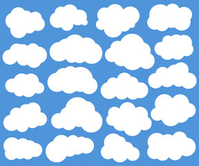 A vibrant collection of cartoon style fluffy clouds illustrated in flat vector style isolated on blue background. Perfect for use in childrens books, educational materials, web design, weather icon.