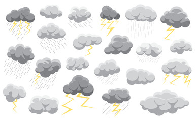 Set of cartoon style storm gray clouds featuring rain and yellow lightning in flat vector style. Cloud icons perfect for use in weather apps, eco educational materials or childrens illustrations
