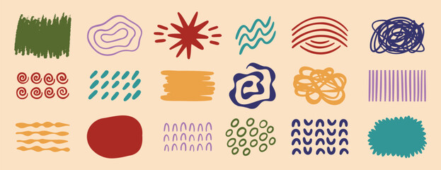 Retro abstract shapes doodle Hand drawn arts vector element set. Organic Shapes and brush stroke design. social post elements for background decoration, print, wallpaper.