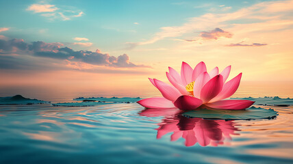Vibrant Pink Lotus Flower Blooming on Calm Water with Soft Blue Sky and Gentle Ripples (5)