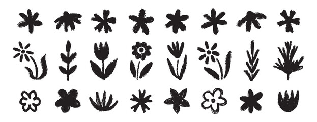 Fototapeta premium Grunge trendy doodle flowers leaves set. Hand drawn brush flowers crayon, chalk texture. Flowers textured collection