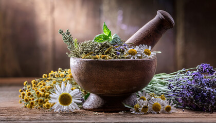 ancient mortar and pestle filled with dried medicinal herbs such as chamomile lavender mint
