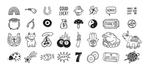 Good Luck doodle Symbols Set. Hand drawn lucky icons. Asian talismans and charms outline set.