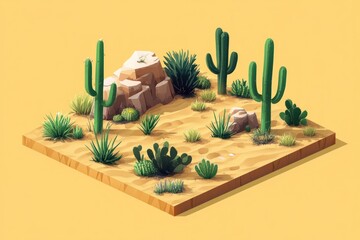 Isometric desert landscape with various desert plants and rocks.