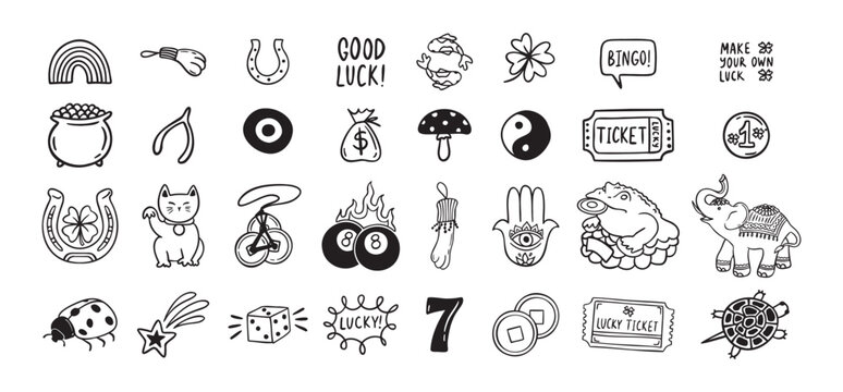 Good Luck doodle Symbols Set. Hand drawn lucky icons. Asian talismans and charms outline set.