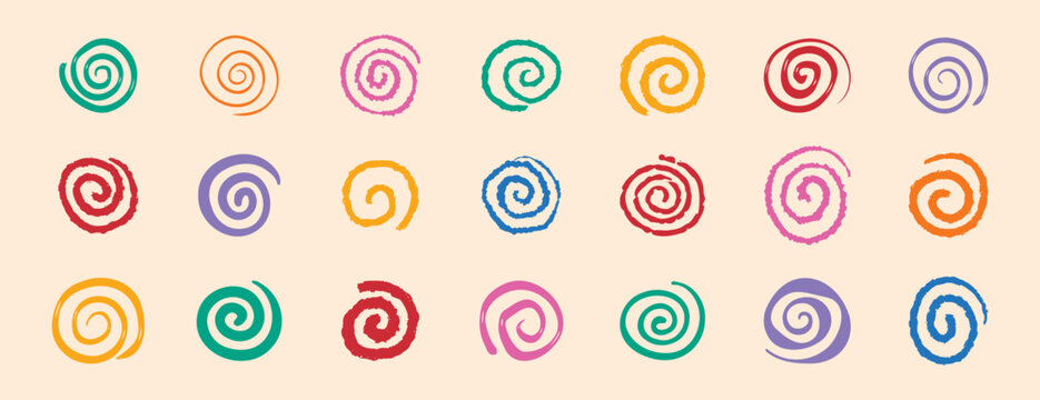 colorful spirals hand drawn swirl circle doodle hand drawn set. funny cute rainbow spirals.