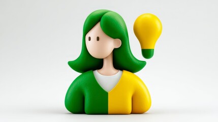 Creative Concept Green and Yellow Figure with Lightbulb Symbolizing Innovation and Ideas