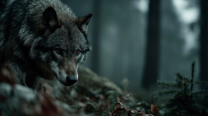 Fototapeta premium Intense Gaze of a Wild Canine in a Mysterious Forest Setting Featuring Detailed Fur Texture an