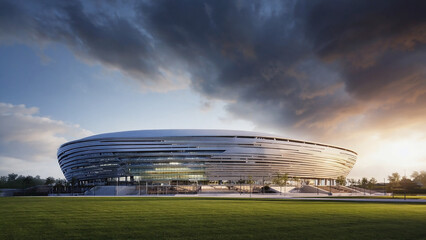 Large Modern Sports Stadium Exterior with Dramatic Sky and Grass Field