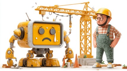 Fototapeta premium Construction Site Mishap Robot and Worker Amidst Tools and Equipment