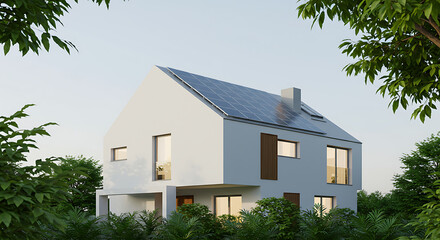 Modern Eco House with Rooftop Solar Panel and Green Leaves