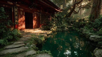 Tranquil AsianInspired Garden with Koi Pond and Traditional Architecture