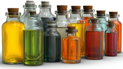 Collection of Colorful Glass Bottles with Corks Perfect for Alchemy Potions and Laboratory S