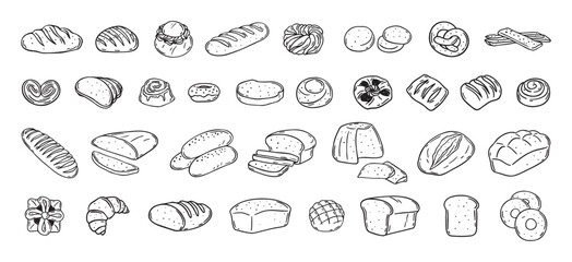 Bread different types hand drawn doodle outline icon set. Bread engraving, line art. Wheat products, baked goods, bakery