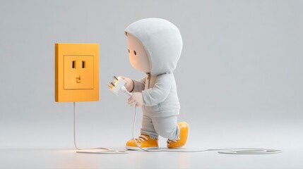 Child in Hoodie Plugging In Electrical Plug to Outlet Safety Awareness Home Appliances Carto