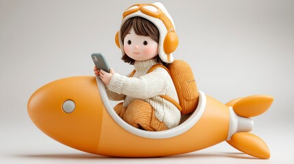Child in a Rocket Suit Reading on a Smartphone Adorable Cartoon Character Fun and Imaginative