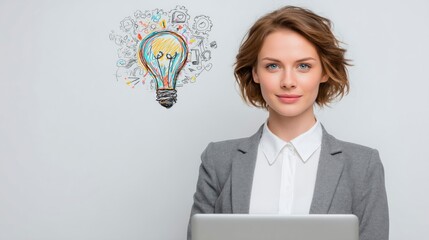 Businesswoman with Creative Ideas Symbolized by Light Bulb and Sketches Professional Setting