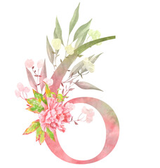  Elegant watercolor number 6 decorated with pink flowers and greenery. Perfect for nursery art, wedding decor, invitations, and feminine designs. Soft pastel aesthetic on white background.