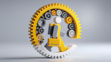 Businessman with Briefcase Walking Through Gear Mechanism Conceptual Artwork for Industry and