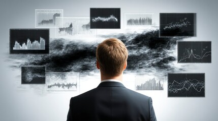 Businessman analyzing financial data on multiple screens