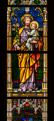 Saint Joseph with the Infant Jesus. A stained-glass window in the Cathedral of St Elizabeth (Dóm svätej Alžbety) in Košice, Slovakia.
