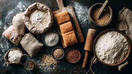 Variety of flours and grains on rustic kitchen table for baking inspiration