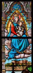 Our Lady with the Christ Child. A stained-glass window in the Cathedral of St Elizabeth (Dóm svätej Alžbety) in Košice, Slovakia.