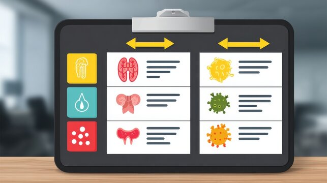 Medical infographic with symptoms and virus icons on office background