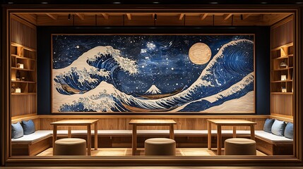 Naklejka premium Inside luxury resort suite wall painting depicts serene ocean wave abstract pattern creating calming atmosphere Wooden frame light texture complement minimalist dcor Shades of azure pearl white sandy