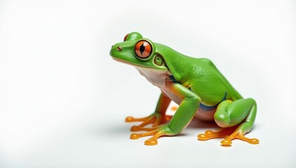 Naklejka premium Green tree frog perched on white, vibrant skin, wildlife, detail, tree frog