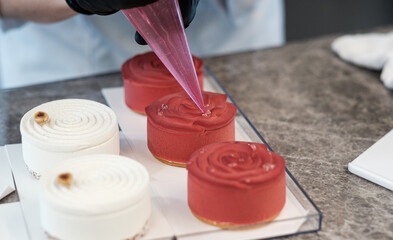 Pastry Chef Finishing a Rose-Shaped Mousse Petit G&acirc;teau with Elegant Decoration