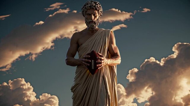 Dieu grec barbu dans les nuages tenant un ballon de football am&eacute;ricain


