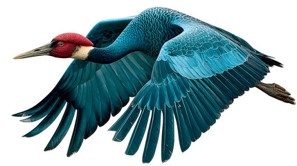 Blue crane in flight, wings spread, isolated on transparent background, showcasing vibrant plumage and detailed features