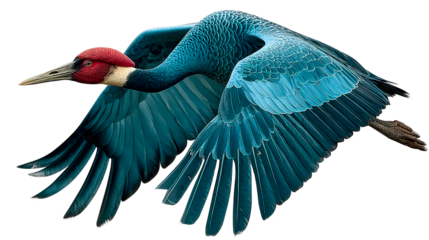 Blue crane in flight, wings spread, isolated on transparent background, showcasing vibrant plumage and detailed features