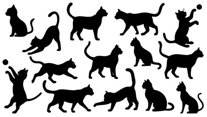 Black Cat Silhouettes Collection, Set of silhouette cats in different poses, Cat silhouette icon set