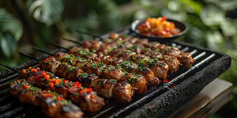 Delicious Grilled Chicken Skewers Sizzle on BBQ Grill Outdoors