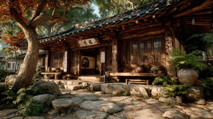 Fototapeta premium Traditional Architecture with Serene Garden Setting and Stone Pathway