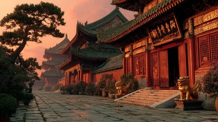 Fototapeta premium Traditional Architecture with Golden Guardians and Serene Garden at Sunset